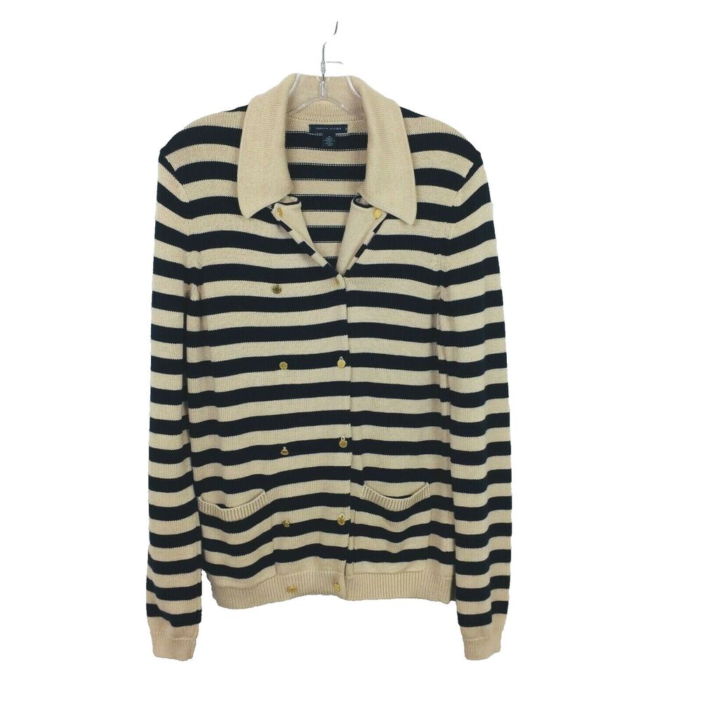 Tommy Hilfiger Women's Cardigan Sweater  Size M Black Tan with Gold Buttons